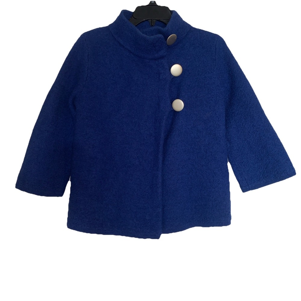 VTG Covington Wool Cardigan Jacket Women's Large Petite Blue Cropped 3/4 Sleeve